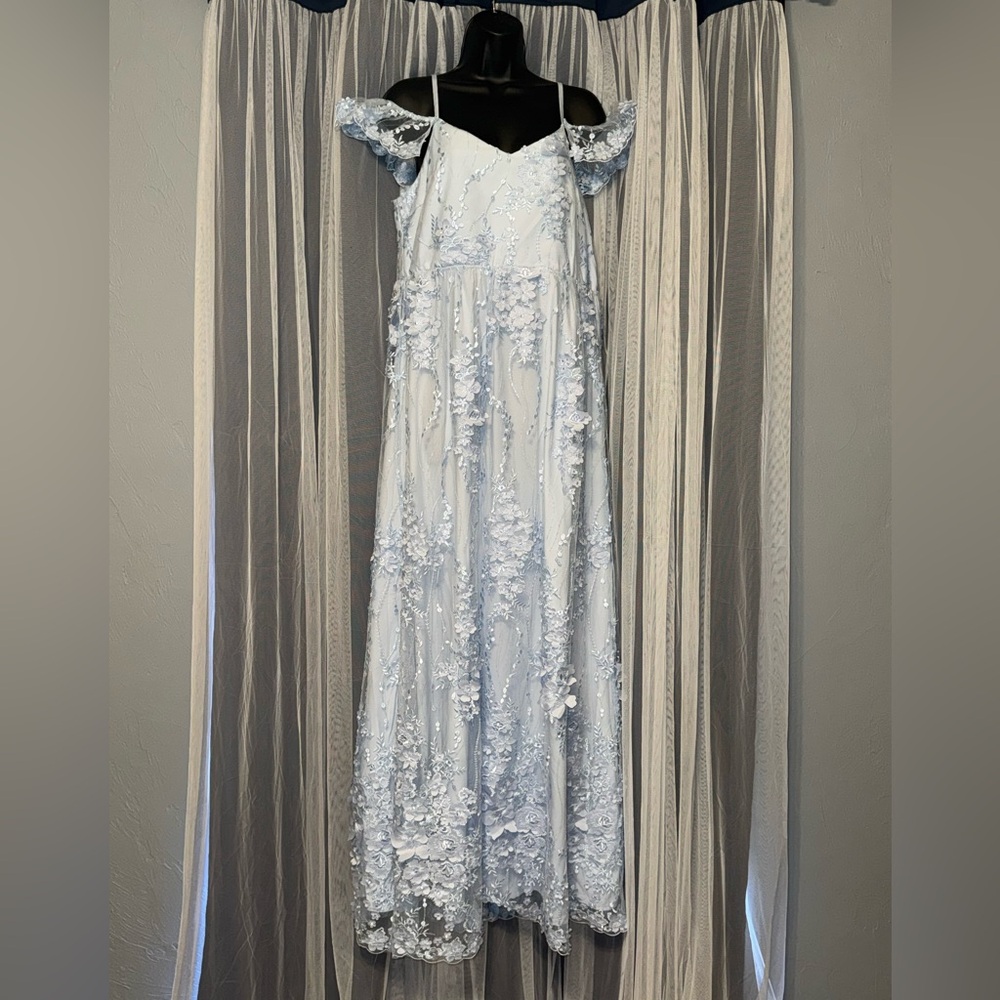 Light Blue Floral Appliqué Maxi Dress (large, L)